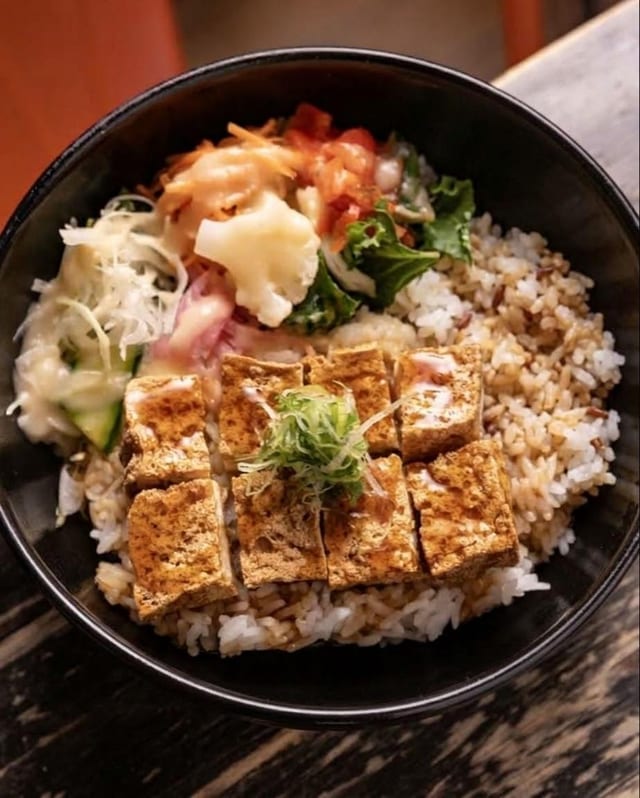 Tofu Brussels Sprout Rice Bowl.